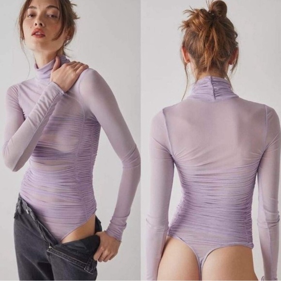 Free People Under It All Ruched Mesh Turtleneck Bodysuit -Lilac Purple - Picture 4 of 8